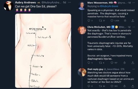 Aubry Andrews Marc Wasserman, Can we get One Sex 4 Speaking as a physician, that would indeed penetrate. The diaphragm, causing a massive hernia that would be fatal 1 Chris McCulloh, Not exactly that'