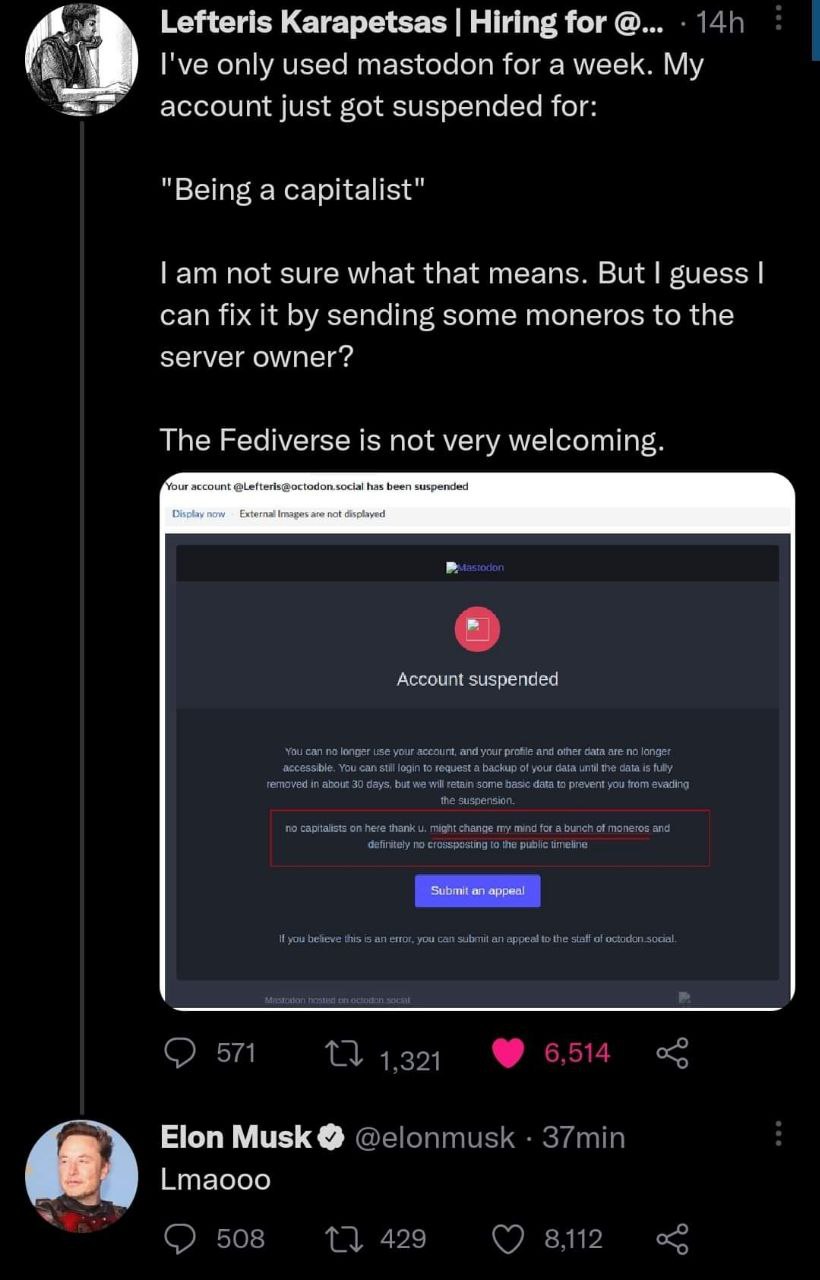 Lefteris Karapetsas Hiring for Гуе only for а меек. My just got suspended for: "Being a capitalist" not sure what that means. But guess can fix it sending some moneros to the server owner’? The is not