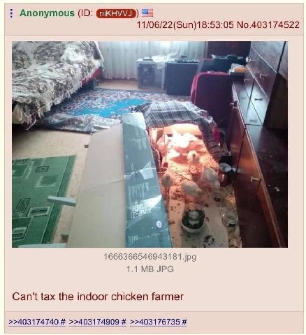 Anonymous 11/06/22(Sun)18:53:05 No.403174522 1 Nea 1666366546943181.jpg 1.1 JPG Can't tax the indoor chicken farmer >>403174740 >>403174909 >>403176735