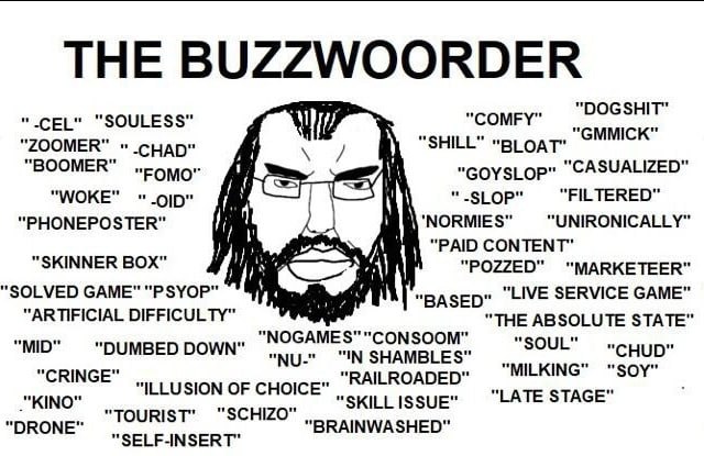 ТНЕ BUZZWOORDER “COMFY” "CEL" "SOULESS" "2ООМЕК" "BLOAT" “BOOMER” "РОМО" "СОУЗЕОР" SUALIZED" "WOKE" “FILTERED” "РНОМЕРОЗТЕК" “PAID CONTENT" “SKINNER BOX" “POZZED" "МАККЕТЕЕК" "SOLVED GAME" "PSYOP" “LI