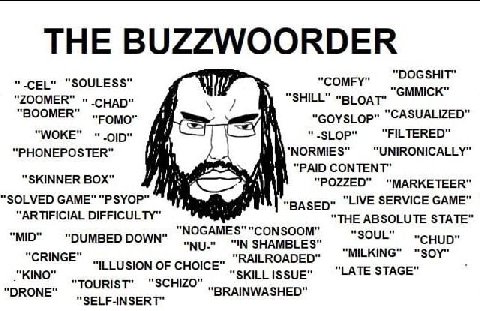 ТНЕ BUZZWOORDER “COMFY” "CEL" "SOULESS" "2ООМЕК" "BLOAT" “BOOMER” "РОМО" "СОУЗЕОР" SUALIZED" "WOKE" “FILTERED” "РНОМЕРОЗТЕК" “PAID CONTENT" “SKINNER BOX" “POZZED" "МАККЕТЕЕК" "SOLVED GAME" "PSYOP" “LI