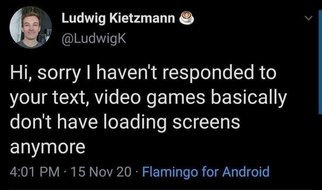 Ludwig Kietzmann У @Ludwigk sorry haven't responded to your text, video games basically dont have loading screens anymore 4:01 15 Nov 20 Flamingo for Android