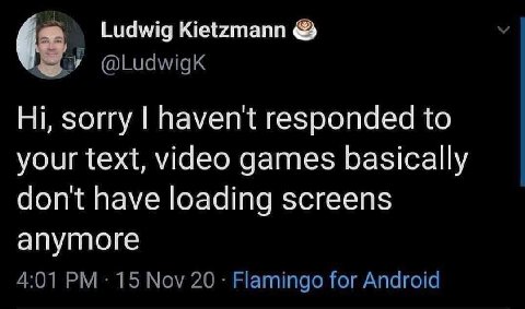 Ludwig Kietzmann У @Ludwigk sorry haven't responded to your text, video games basically dont have loading screens anymore 4:01 15 Nov 20 Flamingo for Android