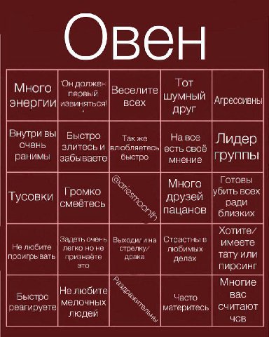 Овен должен Тот первый ергии ИЗВИНЯТЬСЯ ШУМНЫЙ Агрессивны друг Внутри вы Быстро Также очень Лидер злитесь и |влюбляетесь| есть своё ранимы забываете быстро мнение группы Много Готовы Громко убить всех