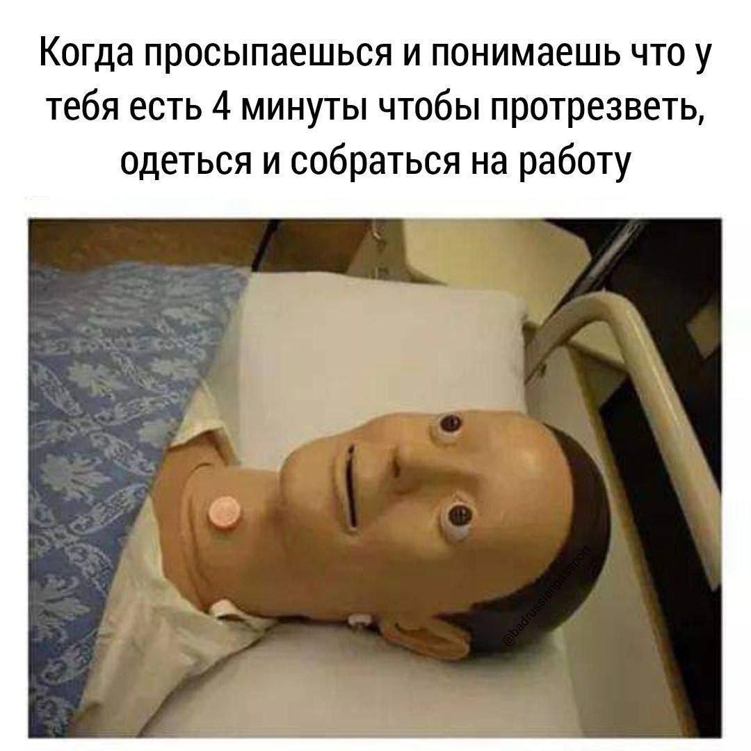 Когда просыпаешься и понимаешь что у тебя есть 4 минуты чтобы протрезветь, одеться и собраться на работу