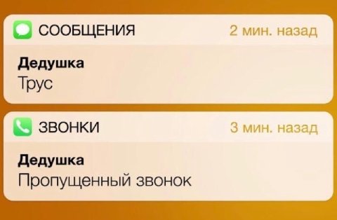 СООБЩЕНИЯ 2 мин. назад Дедушка Трус ЗВОНКИ 3 мин. назад Дедушка Пропущенный звонок