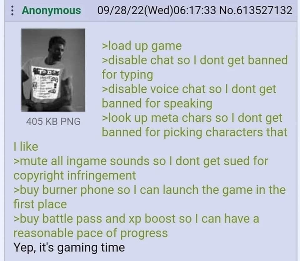 Anonymous 09/28/22(Wed)06:17:33 No.613527132 >load up game >disable chat so dont get banned for typing >disable voice chat so dont get banned for speaking 405 PNG >look up meta chars so dont get banne