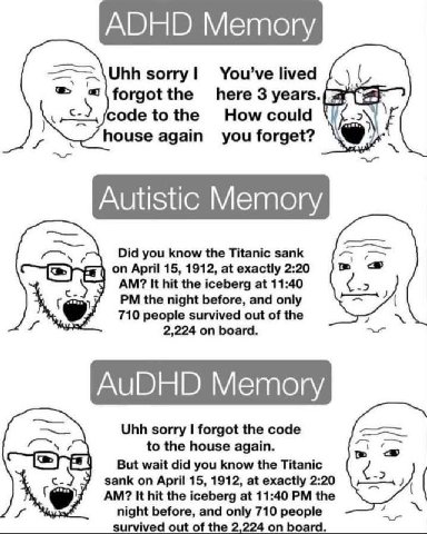 ADHD Memory sorry! lived “\forgotthe here 3 code tothe Ном соша again you forget? Autistic Memory Did you know the Titanic sank April 15, 1912, at exactly It hit the iceberg at 11:40 the night before,