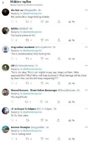 replies Replies @edmomtonpotice dru tom ass Replying to Gedmontonpolice this seems like a huge fucking mistake 3 224 А Djkilist to @edmontonpolice You fascist pieces of shit 2 3 279 Disgruntied Academ
