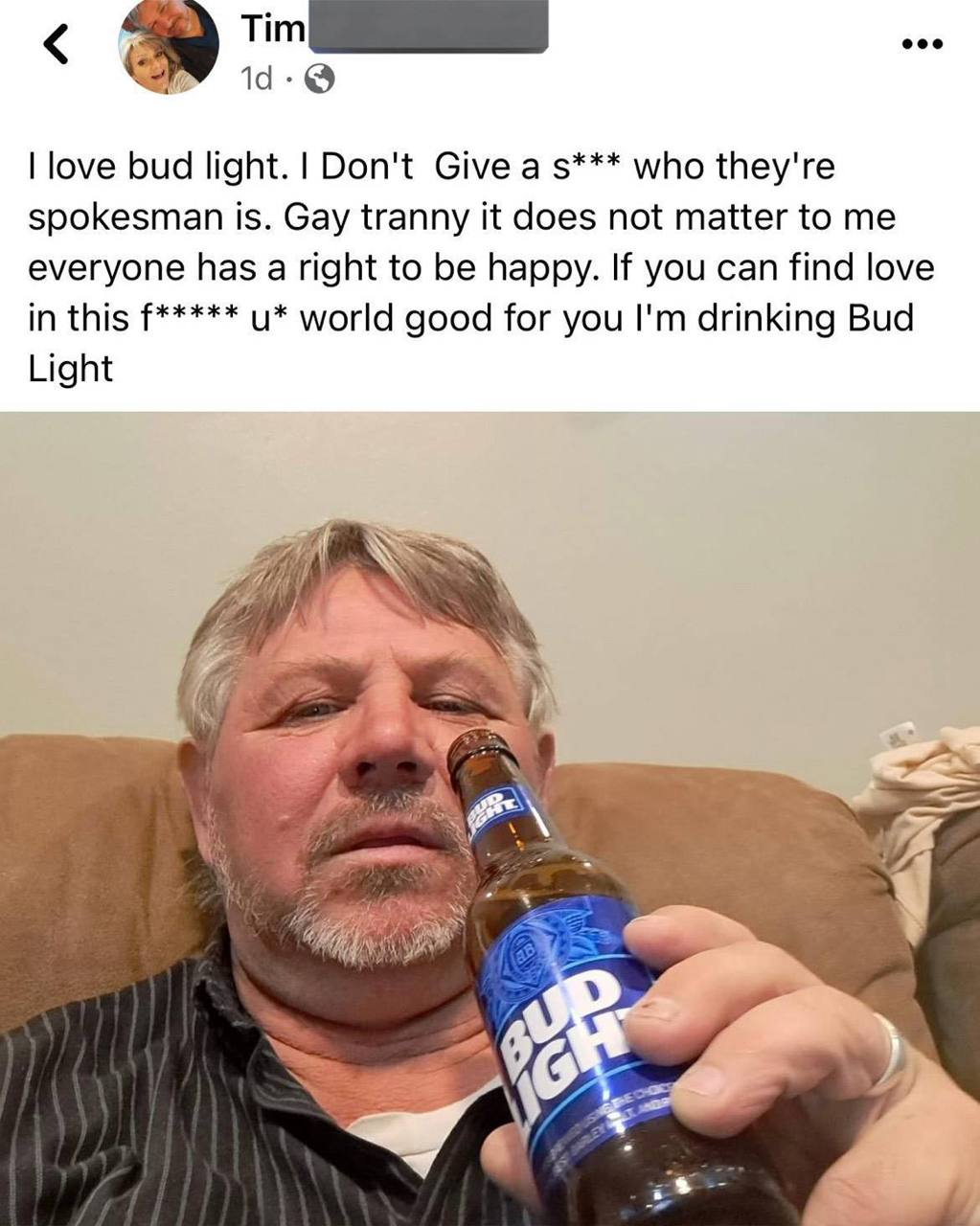 love bud light. Don't Give a who they're spokesman is. Gay tranny it does not matter to me everyone has a right to be happy. If you can find love in this world good for you drinking Bud Light у