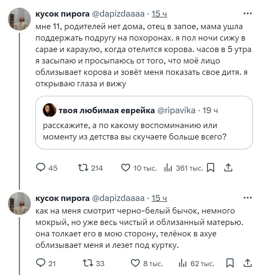 кусок пирога @dapizdaaaa 15 мне 11, родителей нет дома, отец в запое, мама ушла поддержать подругу на похоронах. я пол ночи сижу в сарае и караулю, когда отелится корова. часов в 5 утра я засыпаю и пр