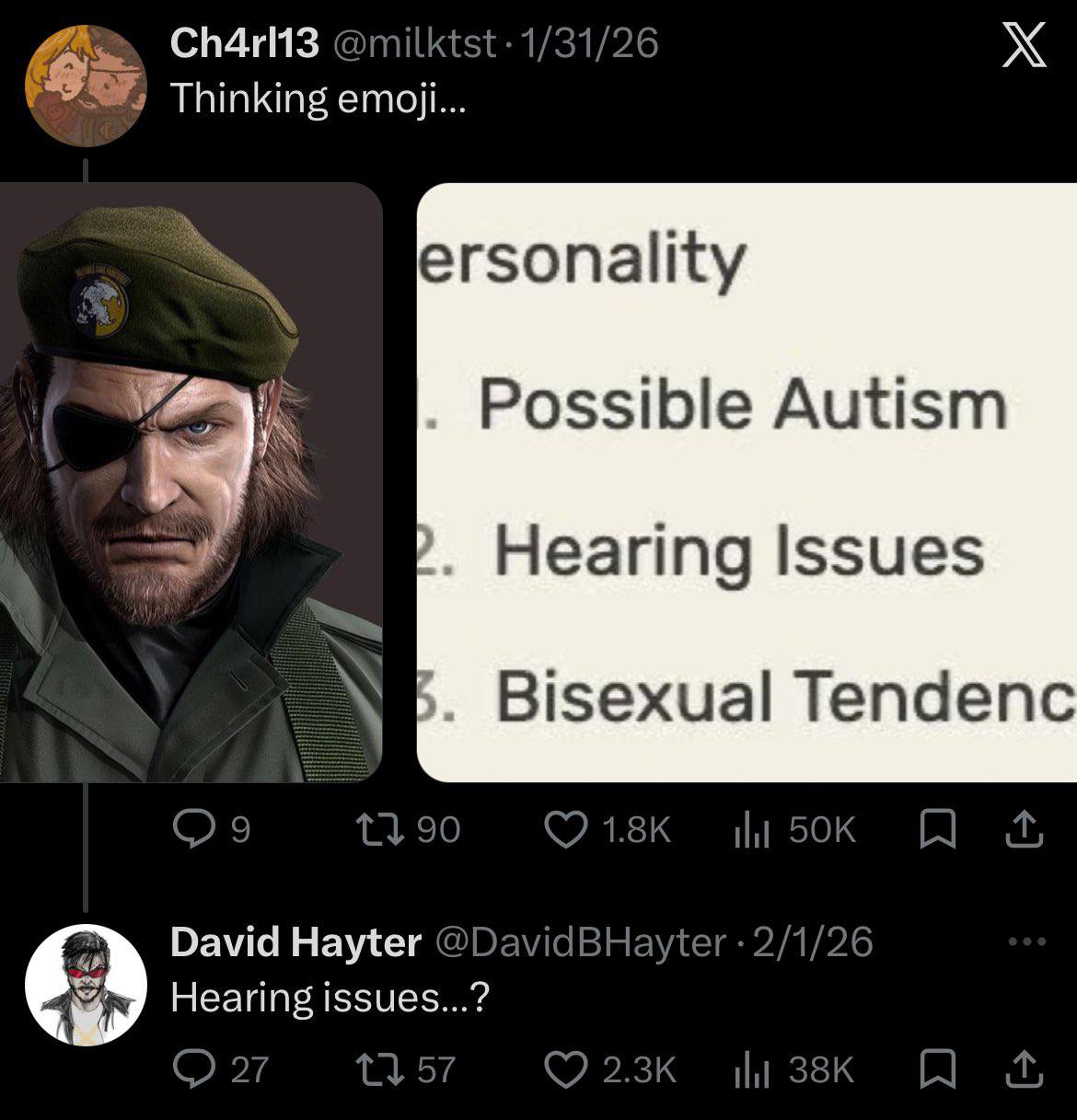 Thinking етой... Possible Autism Hearing Issues Bisexual Tendenc David Hayter @DavidBHayter 2/1/26 Hearing issues...?