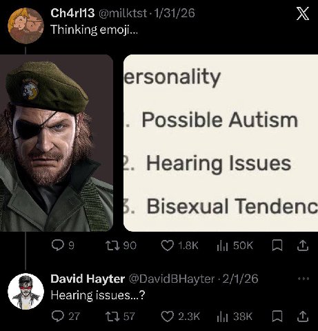 Thinking етой... Possible Autism Hearing Issues Bisexual Tendenc David Hayter @DavidBHayter 2/1/26 Hearing issues...?