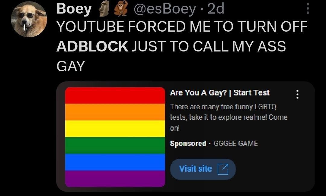 Воеу @езВоеу.24 YOUTUBE FORCED ME TO TURN OFF ADBLOCK JUST TO CALL MY ASS GAY Are You A Gay? Start Test There are many free funny LGBTQ tests, take it to explore realme! Come GGGEE GAME Visit site 7