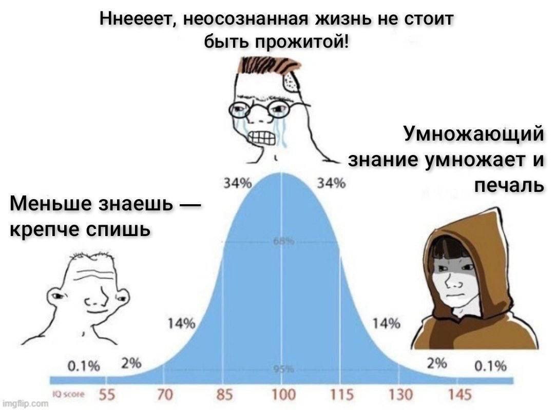 Ннеееет, неосознанная жизнь не стоит быть прожитой! Умножающий знание умножает и 34% 34% печаль Меньше знаешь крепче спишь 14% 14% 0.1% 2% 2% 0.1% score 55 70 85 100 115 130 145