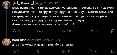 Ильяс Всем известно, что когда девушки устраивают ночёвку, то они дерутся подушками. трогают груди друг-друга и практикуют магию. Когда геи ночуют. то они учат хореографию поп-певиц, едят транс-жиры и