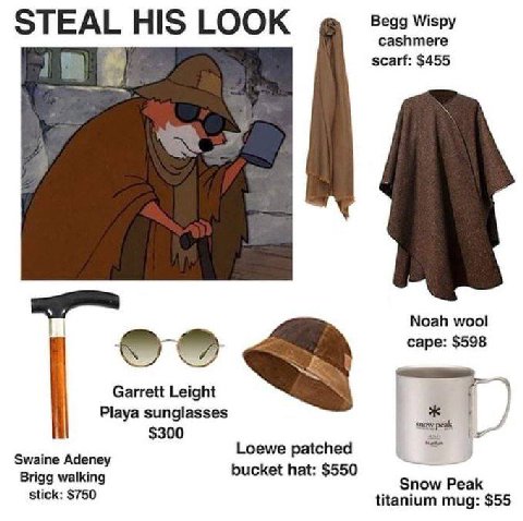 Begg Wispy cashmere HIS LOOK scarf: $455 Noah wool cape: $598 Garrett Leight Playa sunglasses $300 Loewe patched Змате Адепеу Brigg walking bucket hat: $550 Peak stick: $750 titanium mug: $55