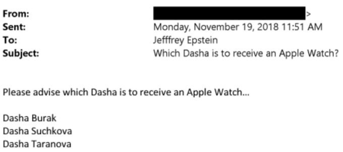 From: Sent: Monday, November 19, 2018 11:51 To: Jefffrey Epstein Subject: Which Dasha is to receive an Apple Watch? Please advise which Dasha is to receive an Apple Watch... Dasha Burak Dasha Suchkova