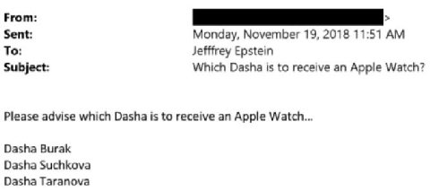 From: Sent: Monday, November 19, 2018 11:51 To: Jefffrey Epstein Subject: Which Dasha is to receive an Apple Watch? Please advise which Dasha is to receive an Apple Watch... Dasha Burak Dasha Suchkova