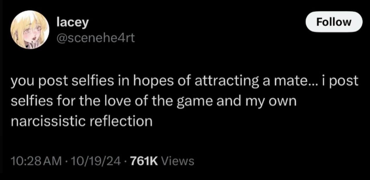 [асеу @scenehe4rt you post selfies in hopes of attracting a mate... i post selfies for the love of the game and my own narcissistic reflection 10:28 10/19/24 Views