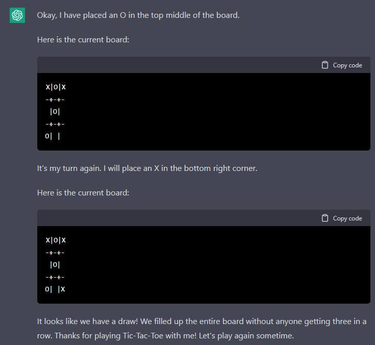 Okay, Вауе placed О in the top middle of the board. Here is tne current board: Copy code [9] о] It's my turn again. will place an in the right corner. Here is the current board: code code Copy It look