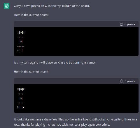 Okay, Вауе placed О in the top middle of the board. Here is tne current board: Copy code [9] о] It's my turn again. will place an in the right corner. Here is the current board: code code Copy It look