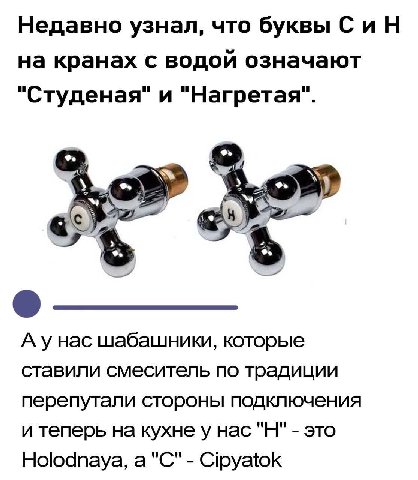 Недавно узнал, что буквы СиН на кранах с водой означают "Студеная" и "Нагретая". 4 Hac шабашники, которые ставили смеситель по традиции перепутали стороны подключения и теперь на кухне у нас это Holod