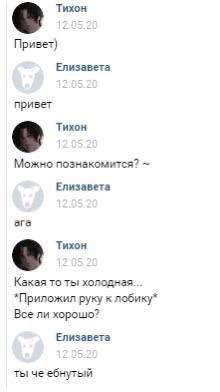 Тихон Привет) Елизавета привет Тихон Можно познакомится? Елизавета ага Тихон Какая то ты! холодная. *Приложил руку к лобику* Все ли хорошо? Елизавета ты че ебнутый