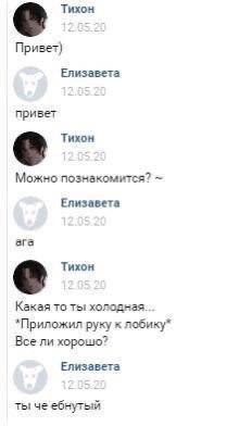 Тихон Привет) Елизавета привет Тихон Можно познакомится? Елизавета ага Тихон Какая то ты! холодная. *Приложил руку к лобику* Все ли хорошо? Елизавета ты че ебнутый