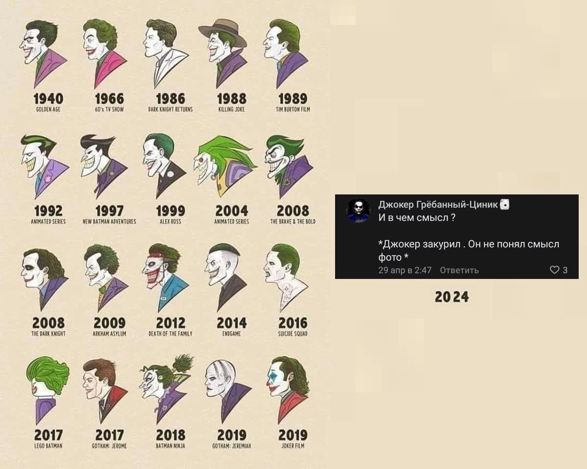 С 1940 1966 1986 1988 1989 9 9 Грёбанный-Циник 1992 1 2004 2 Ивчем смысл? *Джокер закурил Он не понял смысл 7 4 29 апрв 2:4 2024 2008 2009 2012 2014 2016 THE BARK DEATHOF THE FAMILY ‘SUICIDE SQUAD 201