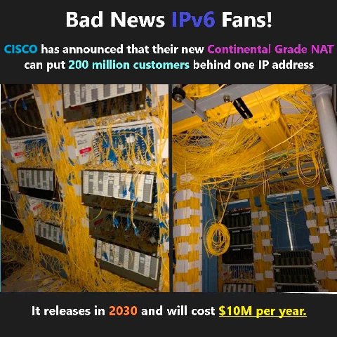 Bad News Fans! CISCO has announced that their new Continental Grade NAT can put 200 million customers behind one address an 1 alt a It releases in 2030 and will cost per year.