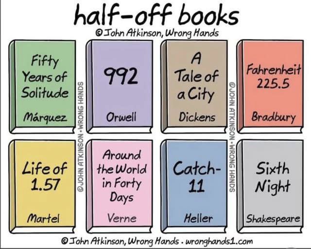 half-off books John Atkinson, Wrong Hands Fifty Years of 792 Tale of Fahrenheit 225.5 Solitude aCity Orwell Dickens Around Life of the World Catch- Sixth LST in Forty Days Night Martel Verne Heller Sh