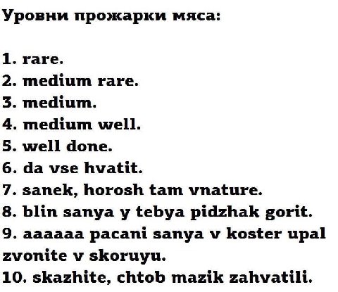 Уровни прожарки мяса: 1. гаге. 2. medium rare. 3. medium. 4. medium well. 5. well done. 6. vse hvatit. 7. sanek, horosh tam vnature. 8. blin sanya tebya pidzhak gorit. 9. aaaaaa pacani sanya koster up