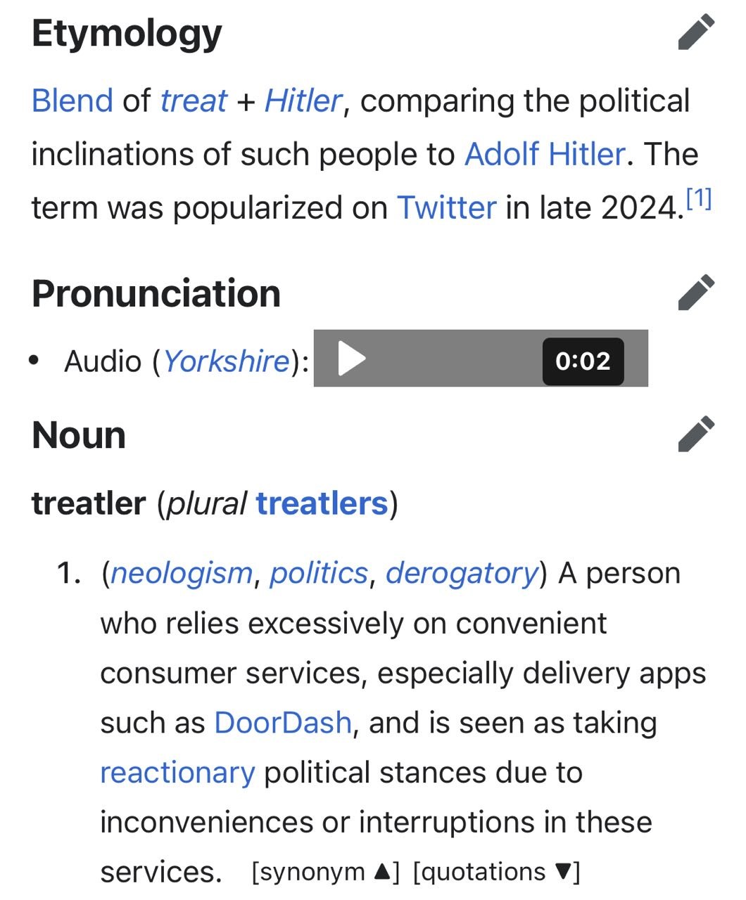 Etymology Blend of treat Hitler, comparing the political inclinations of such people to Adolf Hitler. The term was popularized on Twitter in late 2024.11 Pronunciation Noun treatler (p/ura/ treatlers)