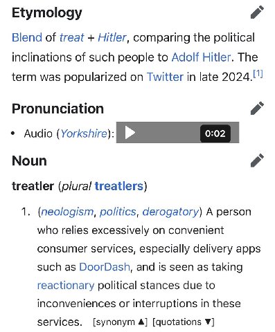 Etymology Blend of treat Hitler, comparing the political inclinations of such people to Adolf Hitler. The term was popularized on Twitter in late 2024.11 Pronunciation Noun treatler (p/ura/ treatlers)