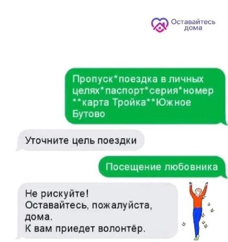 Оставайтесь Пропуск*поездка в личных паспорт*серия* номер **карта Южное Бутово Уточните цель поездки Не рискуйте! Оставайтесь, пожалуйста, дома. К вам приедет волонтёр.