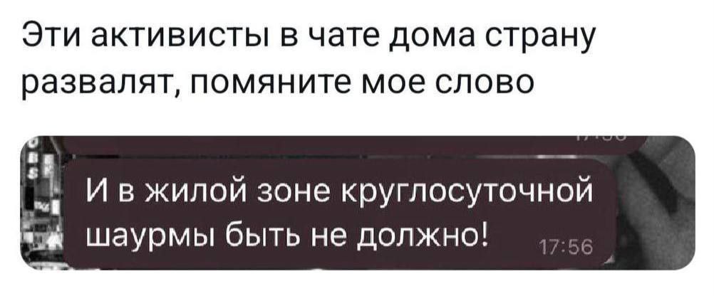 Эти активисты в чате дома страну развалят, помяните мое слово И в жилой зоне круглосуточной "и шаурмы быть не должно!