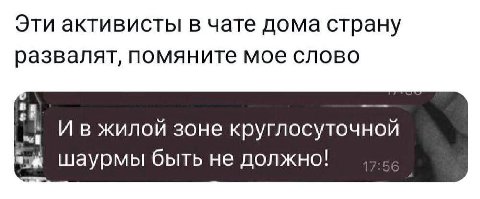 Эти активисты в чате дома страну развалят, помяните мое слово И в жилой зоне круглосуточной "и шаурмы быть не должно!
