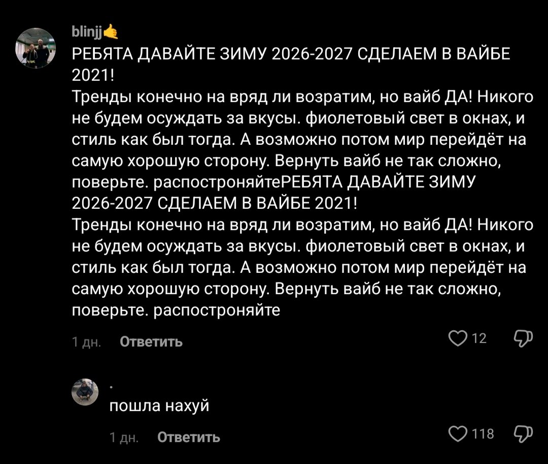 7 РЕБЯТА ДАВАЙТЕ ЗИМУ 2026-2027 СДЕЛАЕМ В ВАЙБЕ 2021! Тренды конечно на вряд ли возратим, но вайб ДА! Никого не будем осуждать за вкусы. фиолетовый свет в окнах, и стиль как был тогда. А возможно пото