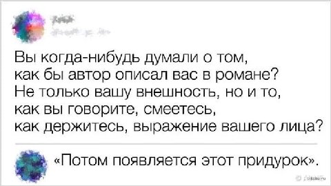Вы когда-нибудь думали о том, как бы автор описал вас в романе? Не только вашу внешность, но и то, как вы говорите, смеетесь, как держитесь, выражение вашего лица? «Потом появляется этот придурок».