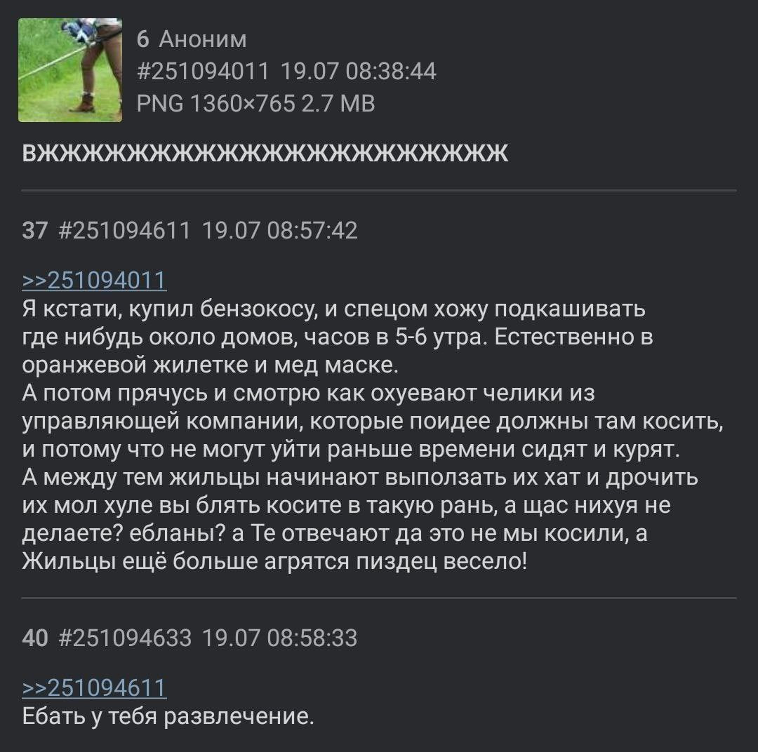 6 Аноним #251094011 19.07 08:38:44 PNG 2.7 37 #251094611 19.07 08:57:42 >>251094011 Я кстати, купил бензокосу, и спецом хожу подкашивать где нибудь около домов, часов в 5-6 утра. Естественно в оранжев