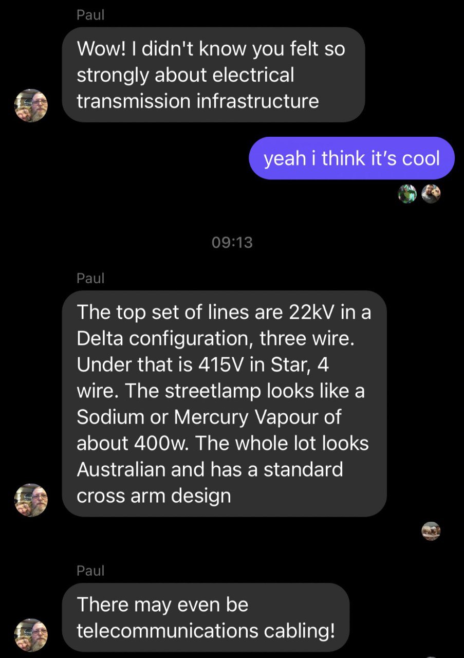 Wow! didn't know you felt so strongly about electrical transmission infrastructure yeah i think it’s cool The top set of lines are ina Delta configuration, three wire. Under that is in Star, 4 wire. T