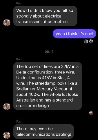 Wow! didn't know you felt so strongly about electrical transmission infrastructure yeah i think it’s cool The top set of lines are ina Delta configuration, three wire. Under that is in Star, 4 wire. T