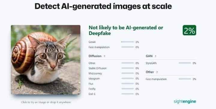 Detect Al-generated images at scale Not likely to Al-generated or за Deepfake о у у Face manipulavon GAN Other Ditfusion Other 7 try urs sightengine