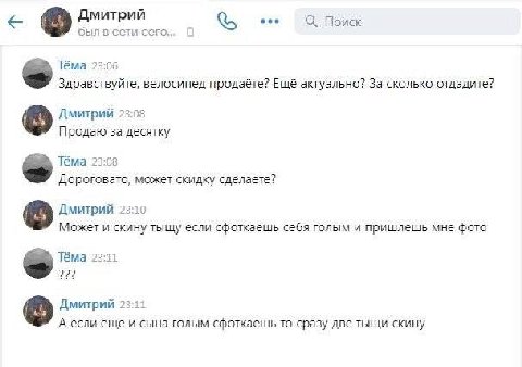 Дмитрий eee Поиск сыл в сети сего 22:0 Тёма 23:06 Здравствуйте, велосипед продаёте? Ещё актуально? За сколько отдадите? Дмитрий 23:0 Продаю за десятку Тёма 23:08 Дороговато, может скидку сделаете? Дми