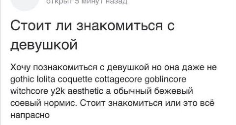 Стоит ли знакомиться с девушкой Хочу познакомиться с девушкой но она даже не gothic lolita содиейе cottagecore witchcore aesthetic а обычный бежевый соевый нормис. Стоит знакомиться или это всё напрас