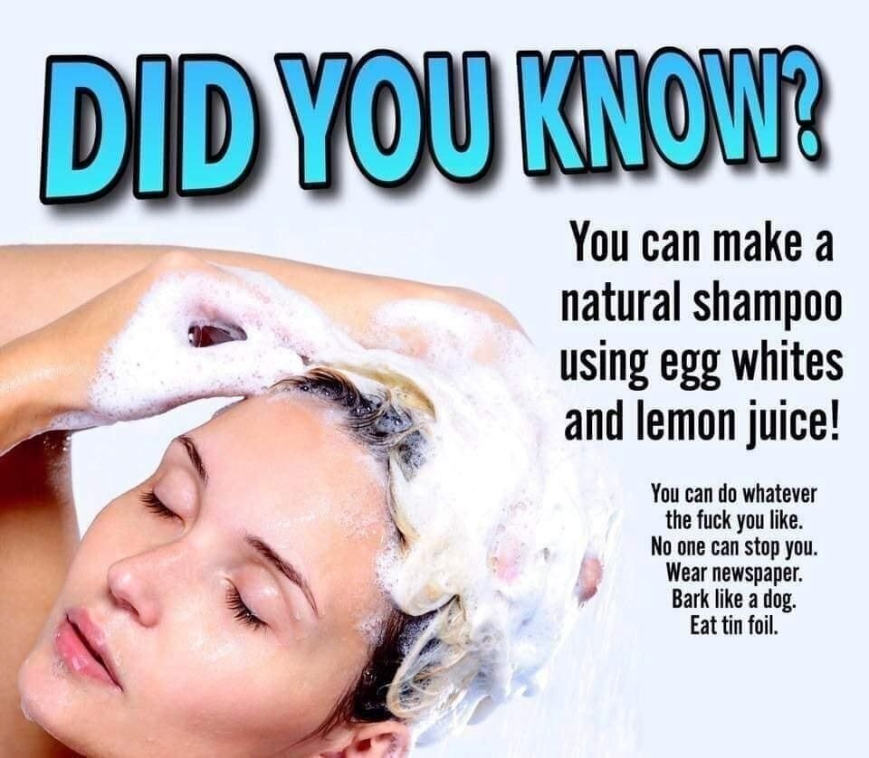 You can make a natural shampoo using whites and lemon juice! You can whatever No one can stop you. the fuck you like. Wear newspaper. Bark like a dog. Eat tin foil.