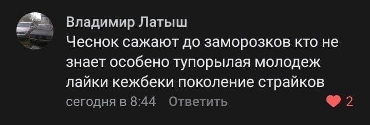 Владимир Латыш Чеснок сажают до заморозков кто не знает особено тупорылая молодеж лайки кежбеки поколение страйков сегодня в 8:44 Ответить 2