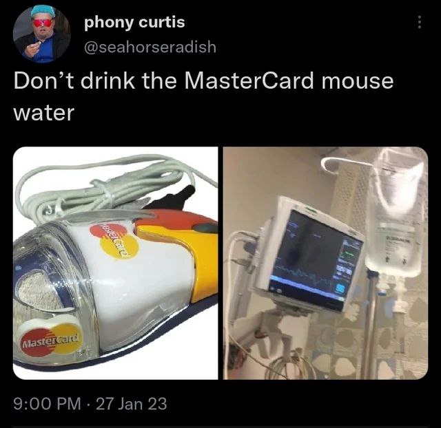 phony curtis @seahorseradish Don’t drink the MasterCard mouse water 9:00 27 Jan 23