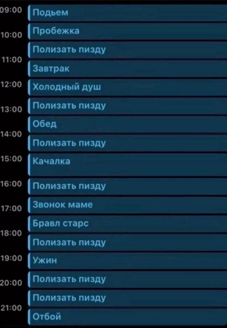 09:00 Подьем 10:00 Пробежка Полизать пизду 11:00 Завтрак 12:00 Холодный душ 13:00 Полизать пизду Обед 14:00 Полизать пизду 15:00 Качалка 16:00 Полизать пизду 17:00 Звонок маме Бравл старс 18:00 Полиза